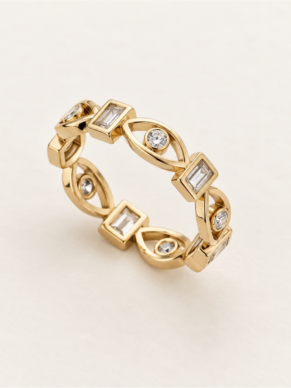 14K Gold Plated Evil Eye Zirconia Ring Baguette Geometric Band